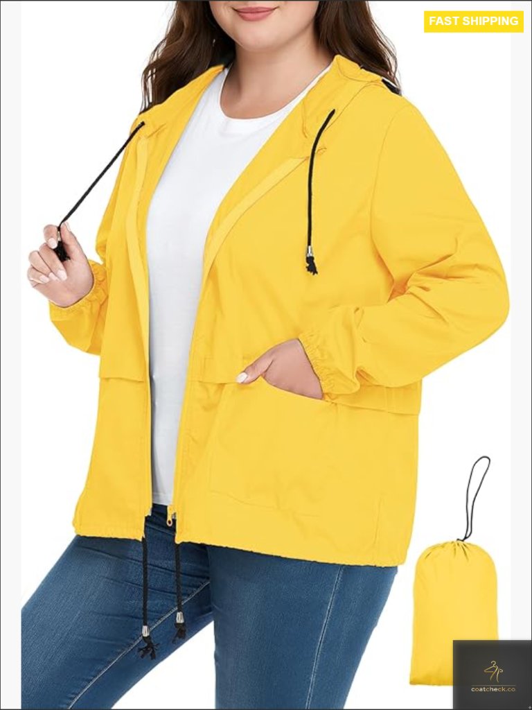Plus Size Rain Jacket Hooded Lightweight Packable Windbreaker Travel Coat